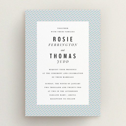 A personalised wedding invitation named "Sealions". It is an A5 invite in a portrait orientation. "Sealions" is available as a flat invite, with tones of blue and pink.