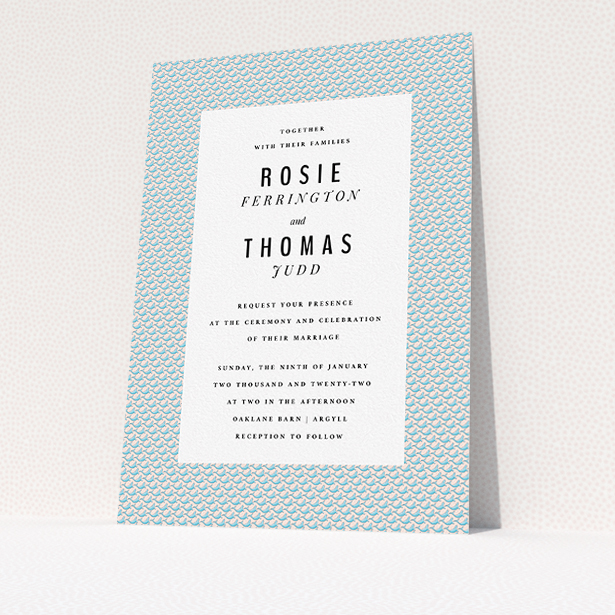 A personalised wedding invitation named "Sealions". It is an A5 invite in a portrait orientation. "Sealions" is available as a flat invite, with tones of blue and pink.