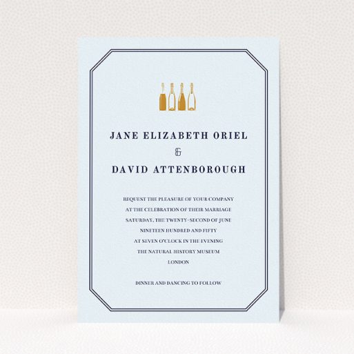 A personalised wedding invitation design titled "See you at the reception". It is an A5 invite in a portrait orientation. "See you at the reception" is available as a flat invite, with mainly blue colouring.
