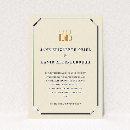 A personalised wedding invitation design named "See you at the reception". It is an A5 invite in a portrait orientation. "See you at the reception" is available as a flat invite, with tones of cream and gold.