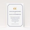 A personalised wedding invitation template titled "See you at the reception". It is an A5 invite in a portrait orientation. "See you at the reception" is available as a flat invite, with tones of navy blue and white.