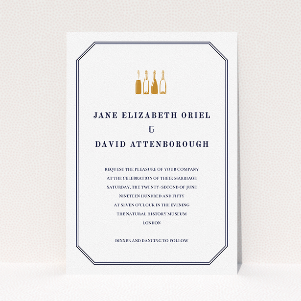 A personalised wedding invitation template titled "See you at the reception". It is an A5 invite in a portrait orientation. "See you at the reception" is available as a flat invite, with tones of navy blue and white.