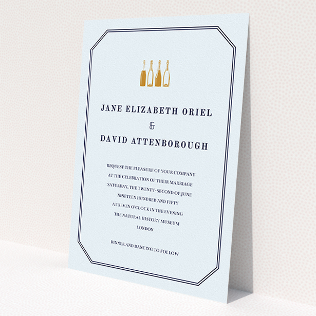 A personalised wedding invitation design titled 'See you at the reception'. It is an A5 invite in a portrait orientation. 'See you at the reception' is available as a flat invite, with mainly blue colouring.