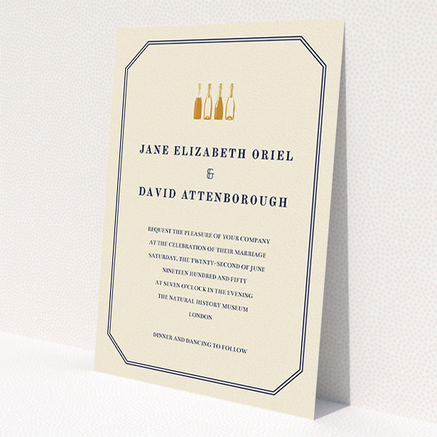 A personalised wedding invitation design named 'See you at the reception'. It is an A5 invite in a portrait orientation. 'See you at the reception' is available as a flat invite, with tones of cream and gold.