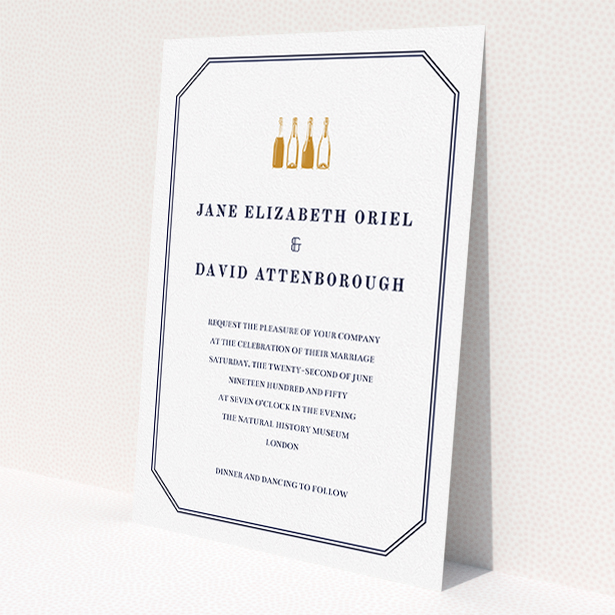 A personalised wedding invitation template titled "See you at the reception". It is an A5 invite in a portrait orientation. "See you at the reception" is available as a flat invite, with tones of navy blue and white.