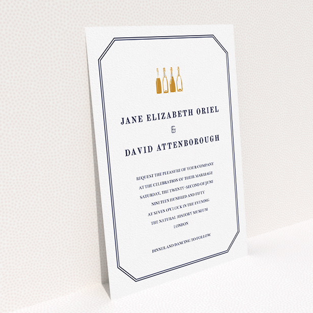 A personalised wedding invitation template titled "See you at the reception". It is an A5 invite in a portrait orientation. "See you at the reception" is available as a flat invite, with tones of navy blue and white.