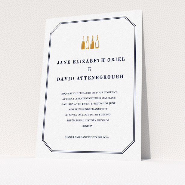 A personalised wedding invitation template titled "See you at the reception". It is an A5 invite in a portrait orientation. "See you at the reception" is available as a flat invite, with tones of navy blue and white.