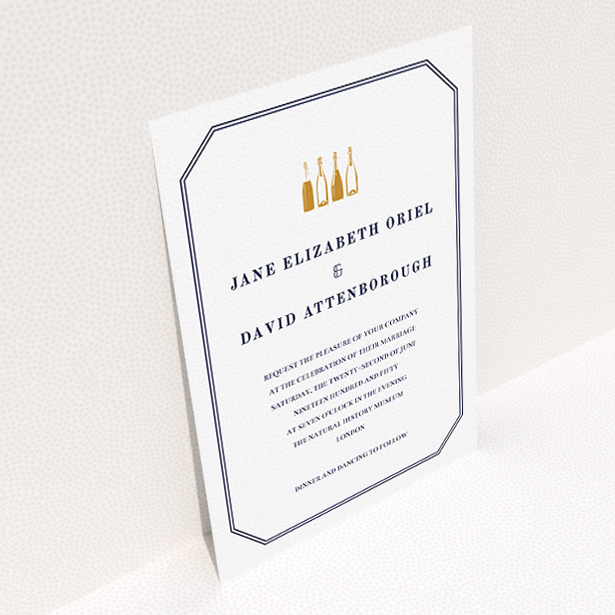 A personalised wedding invitation template titled "See you at the reception". It is an A5 invite in a portrait orientation. "See you at the reception" is available as a flat invite, with tones of navy blue and white.