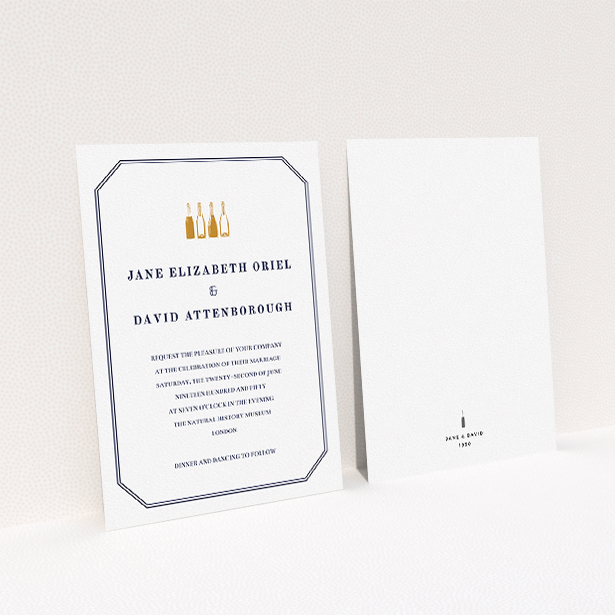 A personalised wedding invitation template titled "See you at the reception". It is an A5 invite in a portrait orientation. "See you at the reception" is available as a flat invite, with tones of navy blue and white.