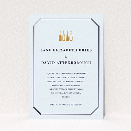 A personalised wedding invitation design called "See you at the reception". It is an A6 invite in a portrait orientation. "See you at the reception" is available as a flat invite, with mainly blue colouring.