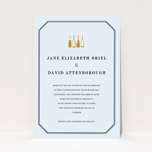 A personalised wedding invitation design called "See you at the reception". It is an A6 invite in a portrait orientation. "See you at the reception" is available as a flat invite, with mainly blue colouring.