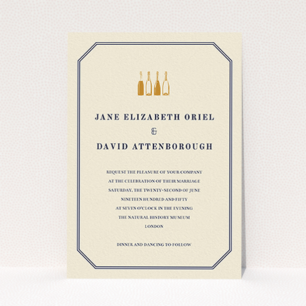 A personalised wedding invitation template titled "See you at the reception". It is an A6 invite in a portrait orientation. "See you at the reception" is available as a flat invite, with tones of cream and gold.