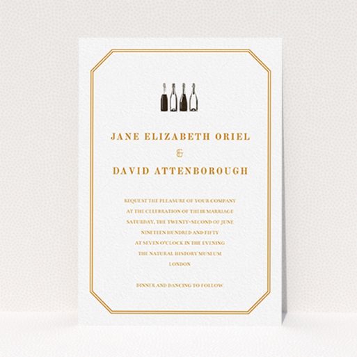 A personalised wedding invitation called "See you at the reception". It is an A6 invite in a portrait orientation. "See you at the reception" is available as a flat invite, with tones of orange and white.