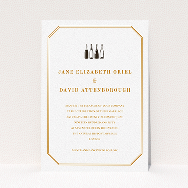 A personalised wedding invitation called "See you at the reception". It is an A6 invite in a portrait orientation. "See you at the reception" is available as a flat invite, with tones of orange and white.