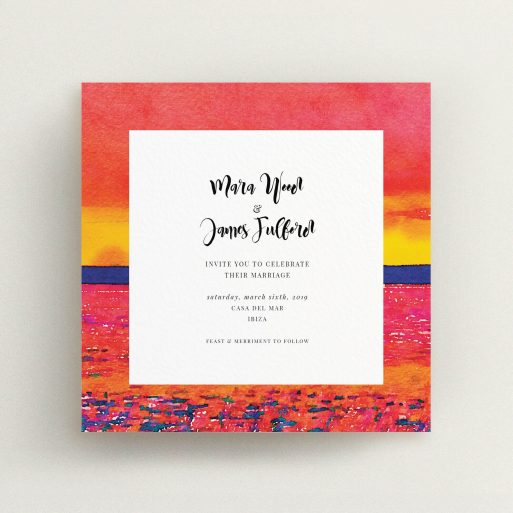 A personalised wedding invitation named "Setting Sun". It is a square (148mm x 148mm) invite in a square orientation. "Setting Sun" is available as a flat invite, with tones of red, yellow and navy blue.
