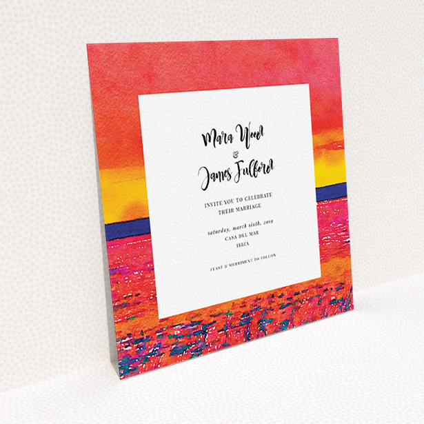 A personalised wedding invitation named "Setting Sun". It is a square (148mm x 148mm) invite in a square orientation. "Setting Sun" is available as a flat invite, with tones of red, yellow and navy blue.