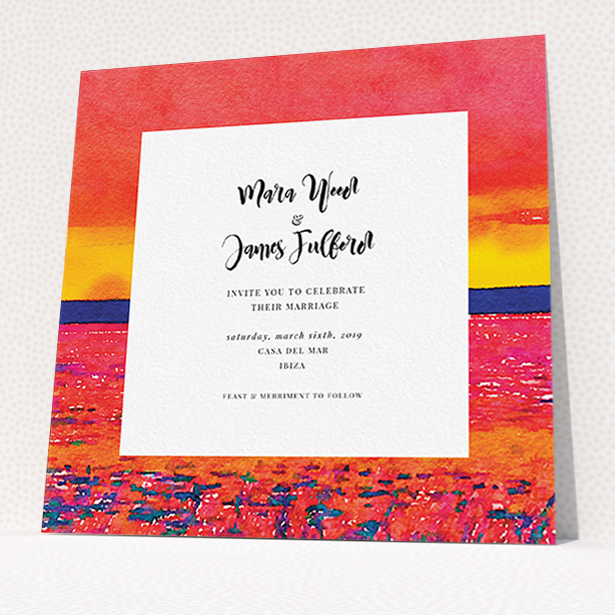 A personalised wedding invitation named "Setting Sun". It is a square (148mm x 148mm) invite in a square orientation. "Setting Sun" is available as a flat invite, with tones of red, yellow and navy blue.