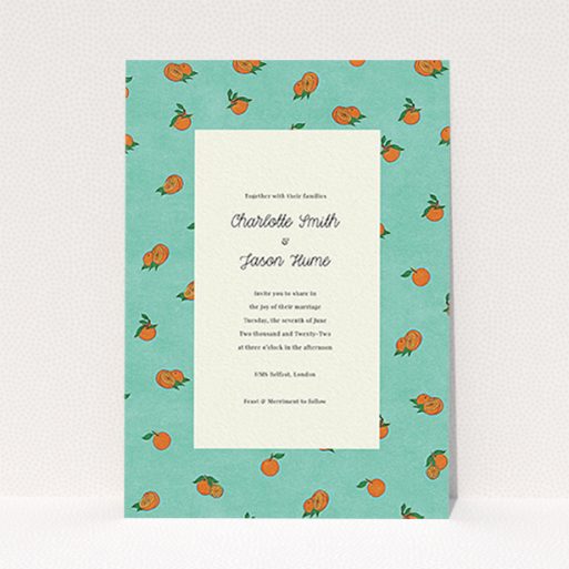 A personalised wedding invitation design named "Seville". It is an A6 invite in a portrait orientation. "Seville" is available as a flat invite, with tones of orange and blue.