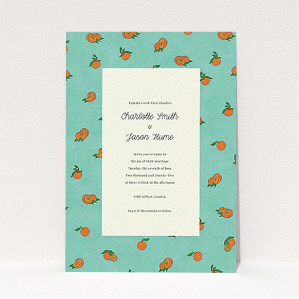 A personalised wedding invitation design named "Seville". It is an A6 invite in a portrait orientation. "Seville" is available as a flat invite, with tones of orange and blue.