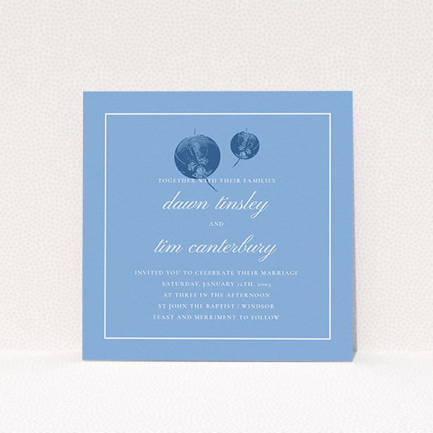 A personalised wedding invitation called "Shanghai Nights". It is a square (148mm x 148mm) invite in a square orientation. "Shanghai Nights" is available as a flat invite, with tones of blue and white.
