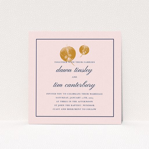 A personalised wedding invitation template titled "Shanghai Nights". It is a square (148mm x 148mm) invite in a square orientation. "Shanghai Nights" is available as a flat invite, with tones of pink, gold and navy blue.