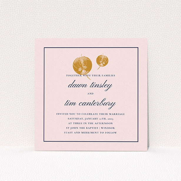 A personalised wedding invitation template titled "Shanghai Nights". It is a square (148mm x 148mm) invite in a square orientation. "Shanghai Nights" is available as a flat invite, with tones of pink, gold and navy blue.