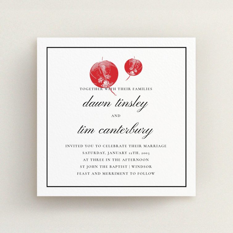 A personalised wedding invitation named "Shanghai Nights". It is a square (148mm x 148mm) invite in a square orientation. "Shanghai Nights" is available as a flat invite, with tones of red and black.