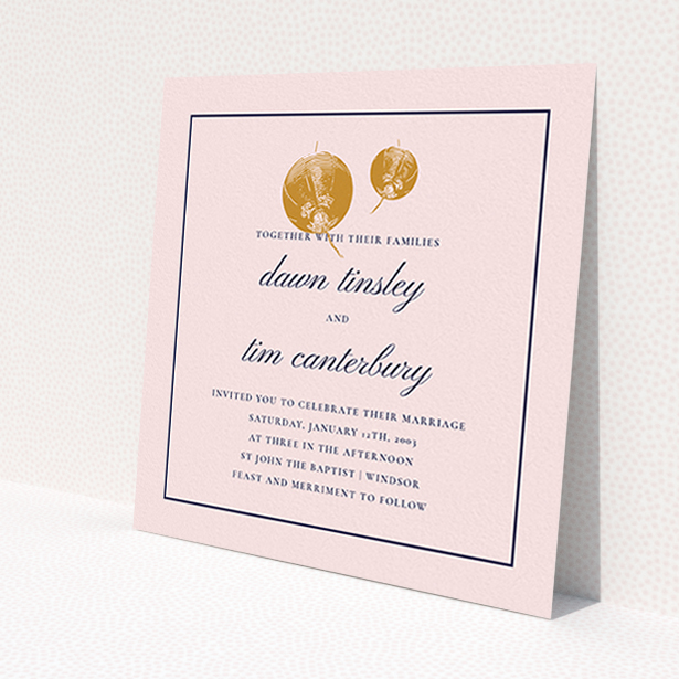 A personalised wedding invitation template titled "Shanghai Nights". It is a square (148mm x 148mm) invite in a square orientation. "Shanghai Nights" is available as a flat invite, with tones of pink, gold and navy blue.