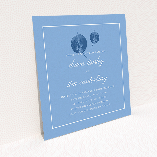 A personalised wedding invitation called "Shanghai Nights". It is a square (148mm x 148mm) invite in a square orientation. "Shanghai Nights" is available as a flat invite, with tones of blue and white.