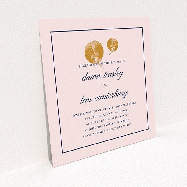 A personalised wedding invitation template titled "Shanghai Nights". It is a square (148mm x 148mm) invite in a square orientation. "Shanghai Nights" is available as a flat invite, with tones of pink, gold and navy blue.