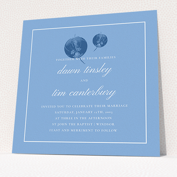 A personalised wedding invitation called "Shanghai Nights". It is a square (148mm x 148mm) invite in a square orientation. "Shanghai Nights" is available as a flat invite, with tones of blue and white.