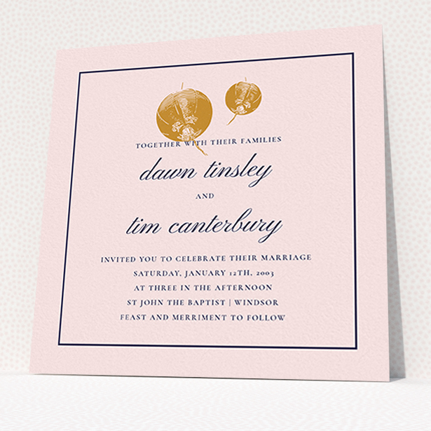 A personalised wedding invitation template titled "Shanghai Nights". It is a square (148mm x 148mm) invite in a square orientation. "Shanghai Nights" is available as a flat invite, with tones of pink, gold and navy blue.