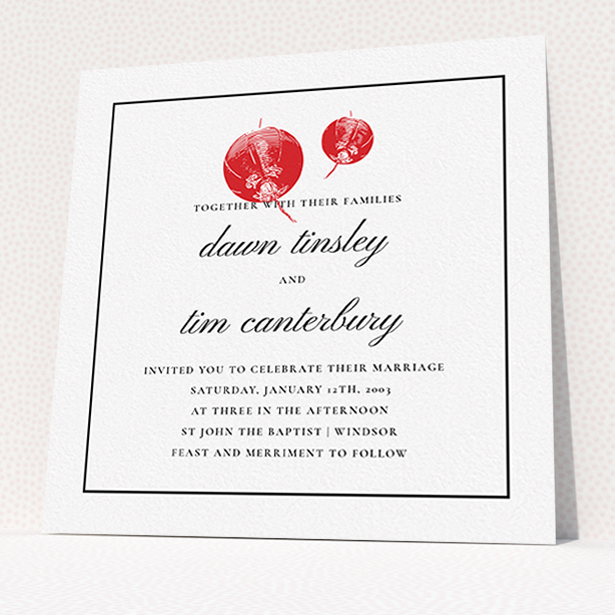 A personalised wedding invitation named "Shanghai Nights". It is a square (148mm x 148mm) invite in a square orientation. "Shanghai Nights" is available as a flat invite, with tones of red and black.