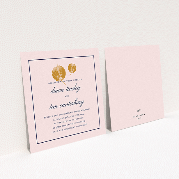 A personalised wedding invitation template titled "Shanghai Nights". It is a square (148mm x 148mm) invite in a square orientation. "Shanghai Nights" is available as a flat invite, with tones of pink, gold and navy blue.