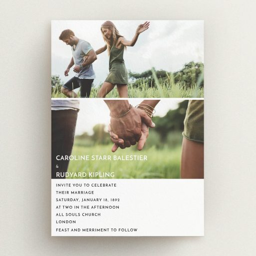 A personalised wedding invitation design called "Side-by-side". It is an A5 invite in a portrait orientation. It is a photographic personalised wedding invitation with room for 2 photos. "Side-by-side" is available as a flat invite, with mainly white colouring.