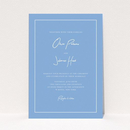 A personalised wedding invitation design titled "Signature script". It is an A5 invite in a portrait orientation. "Signature script" is available as a flat invite, with tones of blue and white.