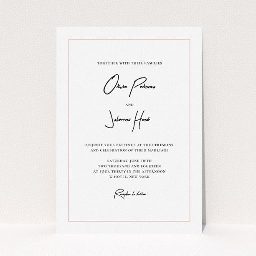 A personalised wedding invitation design titled "Signature script". It is an A5 invite in a portrait orientation. "Signature script" is available as a flat invite, with tones of white and pink.