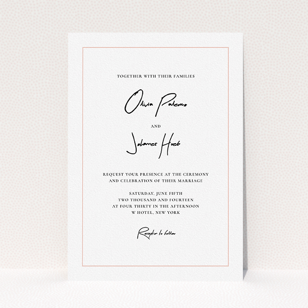 A personalised wedding invitation design titled "Signature script". It is an A5 invite in a portrait orientation. "Signature script" is available as a flat invite, with tones of white and pink.