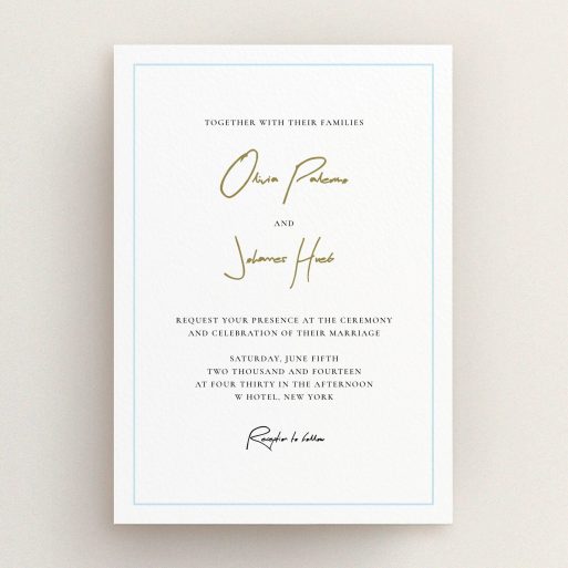 A personalised wedding invitation named "Signature script". It is an A5 invite in a portrait orientation. "Signature script" is available as a flat invite, with tones of white and light blue.
