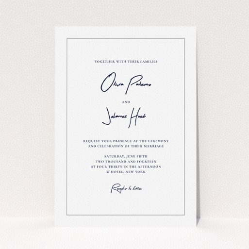 A personalised wedding invitation template titled "Signature script". It is an A5 invite in a portrait orientation. "Signature script" is available as a flat invite, with tones of white and grey.