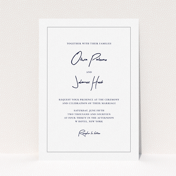 A personalised wedding invitation template titled "Signature script". It is an A5 invite in a portrait orientation. "Signature script" is available as a flat invite, with tones of white and grey.