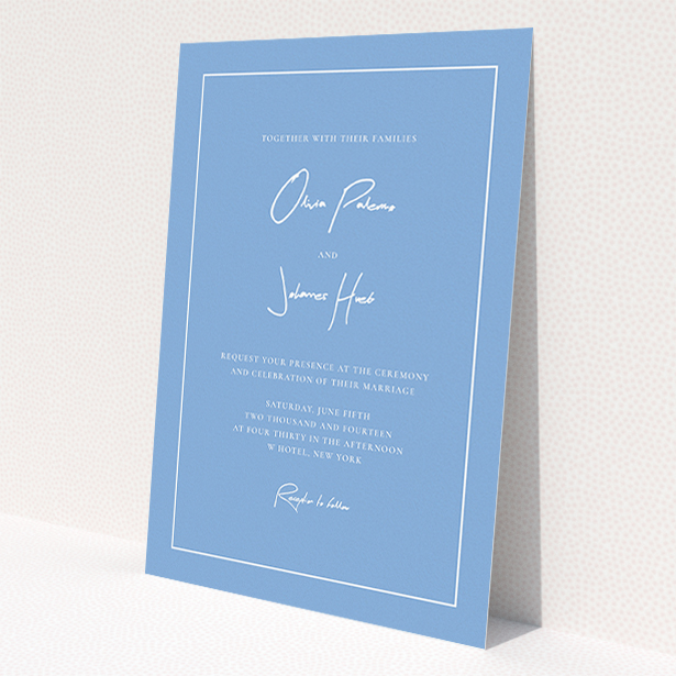 A personalised wedding invitation design titled 'Signature script'. It is an A5 invite in a portrait orientation. 'Signature script' is available as a flat invite, with tones of blue and white.