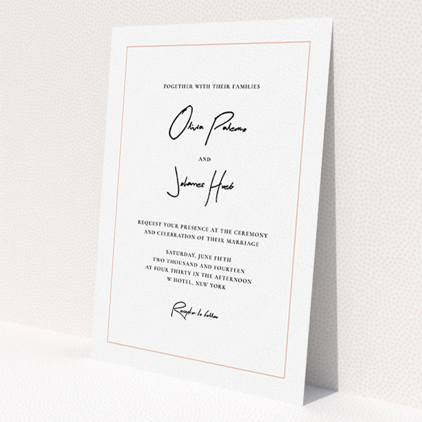 A personalised wedding invitation design titled 'Signature script'. It is an A5 invite in a portrait orientation. 'Signature script' is available as a flat invite, with tones of white and pink.