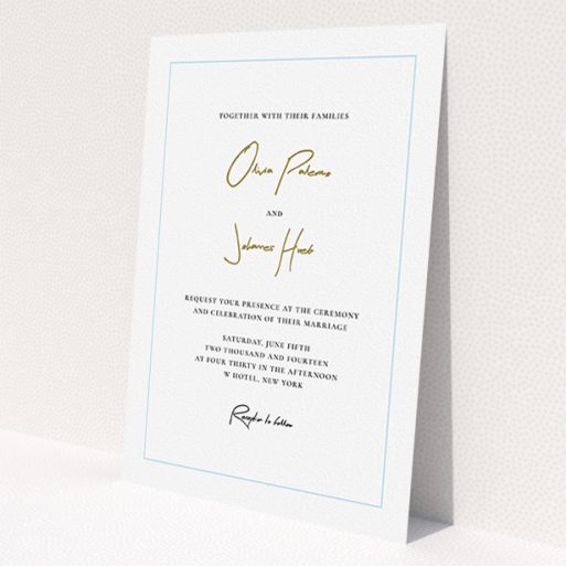 A personalised wedding invitation named 'Signature script'. It is an A5 invite in a portrait orientation. 'Signature script' is available as a flat invite, with tones of white and light blue.