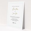 A personalised wedding invitation named "Signature script". It is an A5 invite in a portrait orientation. "Signature script" is available as a flat invite, with tones of white and light blue.