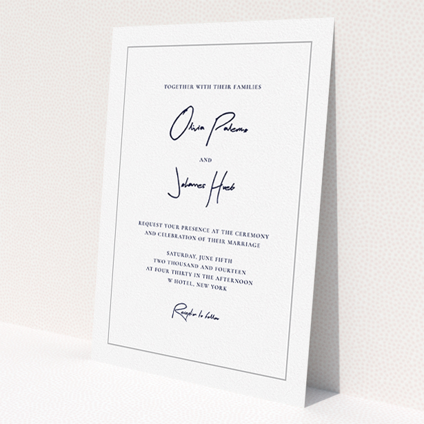 A personalised wedding invitation template titled "Signature script". It is an A5 invite in a portrait orientation. "Signature script" is available as a flat invite, with tones of white and grey.