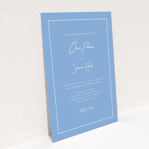 A personalised wedding invitation design titled "Signature script". It is an A5 invite in a portrait orientation. "Signature script" is available as a flat invite, with tones of blue and white.