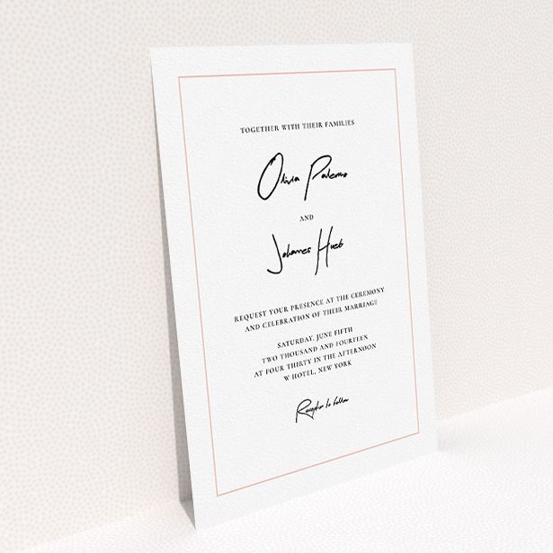 A personalised wedding invitation design titled "Signature script". It is an A5 invite in a portrait orientation. "Signature script" is available as a flat invite, with tones of white and pink.