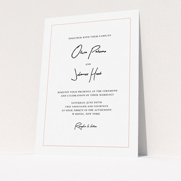 A personalised wedding invitation design titled "Signature script". It is an A5 invite in a portrait orientation. "Signature script" is available as a flat invite, with tones of white and pink.