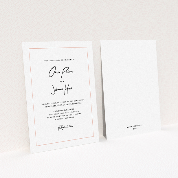 A personalised wedding invitation design titled "Signature script". It is an A5 invite in a portrait orientation. "Signature script" is available as a flat invite, with tones of white and pink.